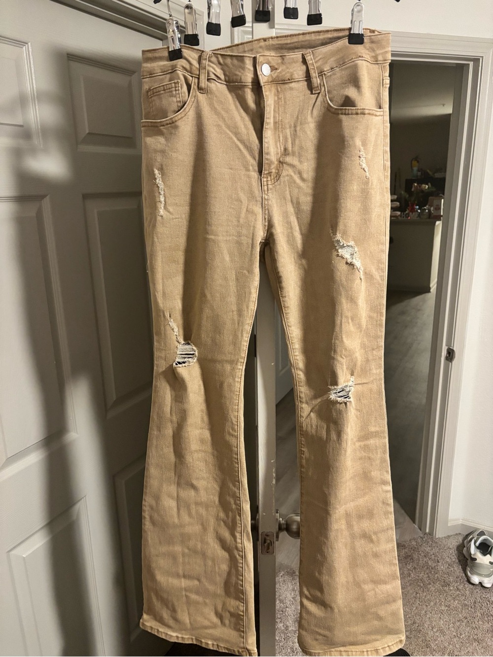 Beige Distressed Flared Jeans